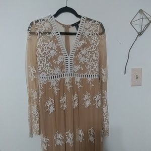 Nude Embroidered Mesh Maxi Dress